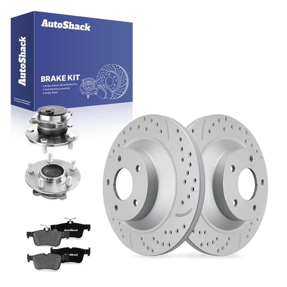 AutoShack Rear Brake Rotors, Premium Pads & Hub Bearing Assemblies for Mazda, 5 2006-2010, 2012-2017 - Coated Drilled & Slotted - Silver Matte Finish - TurboGuard - 11.87" (301.4 mm), 5-Lug