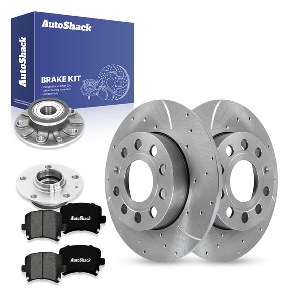 AutoShack Rear Solid Drilled & Slotted Silver Zinc Coated Brake Rotors + Premium Ceramic Pads + Hub Bearing Assembly 8-PC Brake Kit Replacement for 2008 Audi A3 SilverShield Pro 10.24" (260 mm)