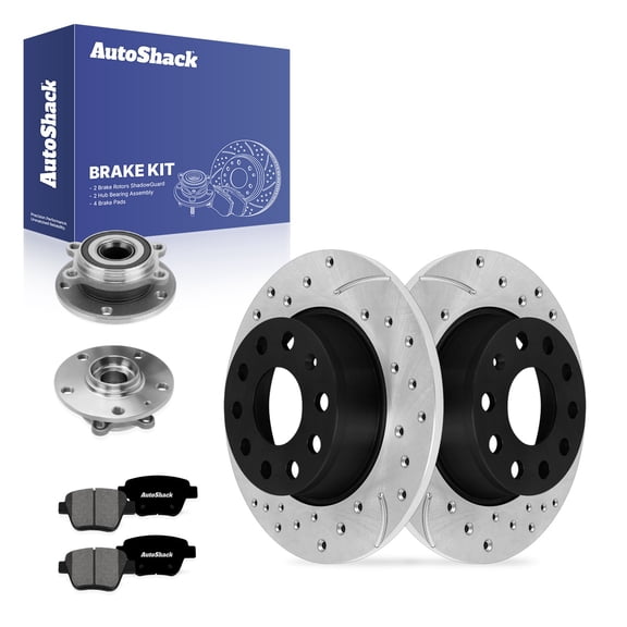 AutoShack Rear Brake Rotors, Premium Pads & Hub Bearing Assemblies for Audi, A3 Quattro 2011-2013, AWD L4 2.0L - E-Coated Drilled & Slotted - ShadowGuard - 9.96" (253 mm), 9-Lug