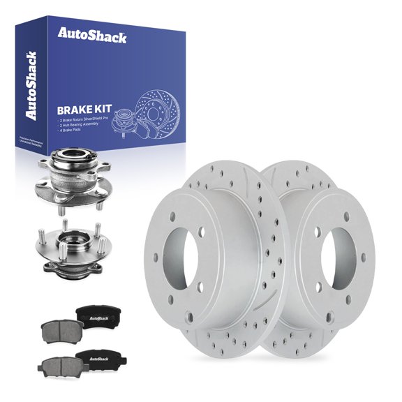 AutoShack Rear Brake Rotors, Premium Pads & Hub Bearing Assemblies for Mitsubishi Lancer 2017 - Coated Drilled & Slotted - Silver Matte Finish - TurboGuard - 10.31" (262 mm), 5-Lug