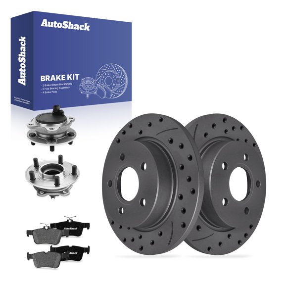 AutoShack Rear Brake Rotors, Premium Pads & Hub Bearing Assemblies for Ford, Focus 2012-2018, FWD L4 2.0L - Coated Drilled & Slotted - Black Matte Finish - BlackShield - 10.66" (270.7 mm), 5-Lug