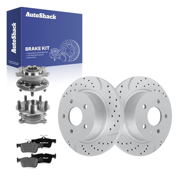 AutoShack Rear Brake Rotors, Premium Pads & Hub Bearing Assemblies for Ford, Escape 2013-2016 - Coated Drilled & Slotted - Silver Matte Finish - TurboGuard - 11.02" (280 mm), 5-Lug