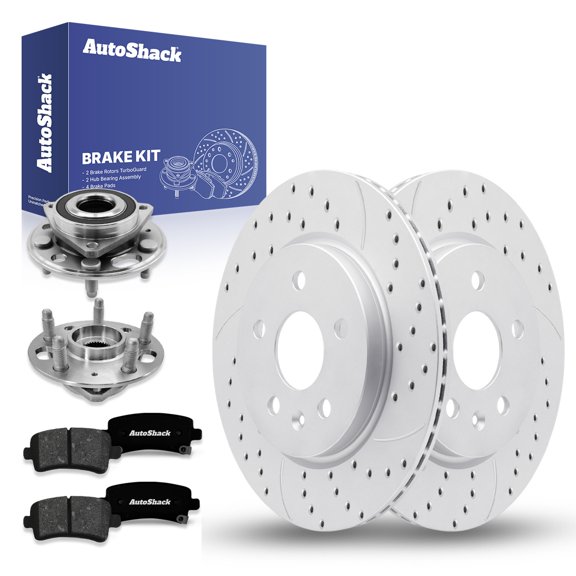 AutoShack Rear Vented Drilled & Slotted Coated Brake Rotors Silver Matte Finish + Premium Ceramic Pads + Hub Bearing Assembly 8-PC Brake Kit Replacement for 2011 Saab 9-5 TurboGuard 12.4" (315 mm)