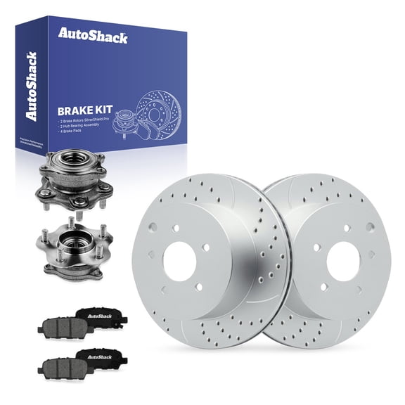 AutoShack Rear Brake Rotors, Premium Pads & Hub Bearing Assemblies for INFINITI, Q50 2014-2018 - Coated Drilled & Slotted - Silver Matte Finish - TurboGuard - 12.13" (308 mm), 5-Lug