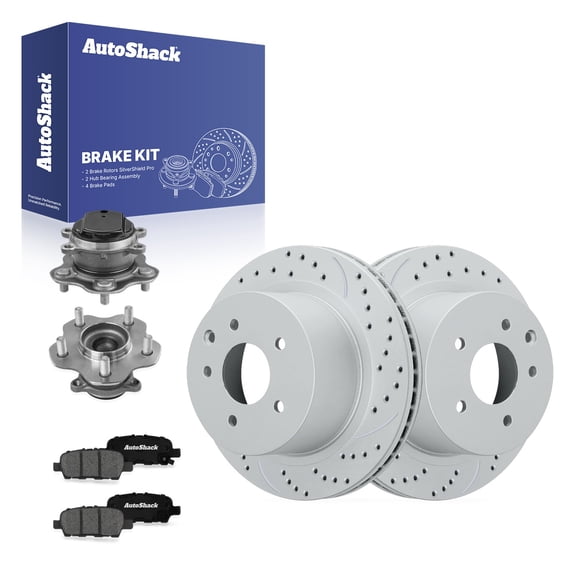 AutoShack Rear Brake Rotors, Premium Pads & Hub Bearing Assemblies for Nissan, Rogue 2014-2020 - Coated Drilled & Slotted - Silver Matte Finish - TurboGuard - 11.49" (291.8 mm), 5-Lug