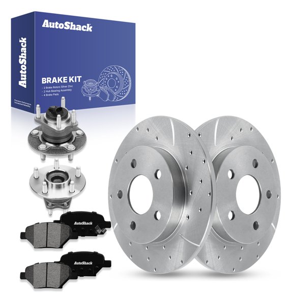 AutoShack Rear Drilled Slotted Brake Rotors Premium Ceramic Brake Pads Wheel Bearing Hub Assembly | Replacement for Pontiac G5 Saturn Ion FWD | Silver Zinc Coated | 8-PC Brake Kit | SilverShield Pro