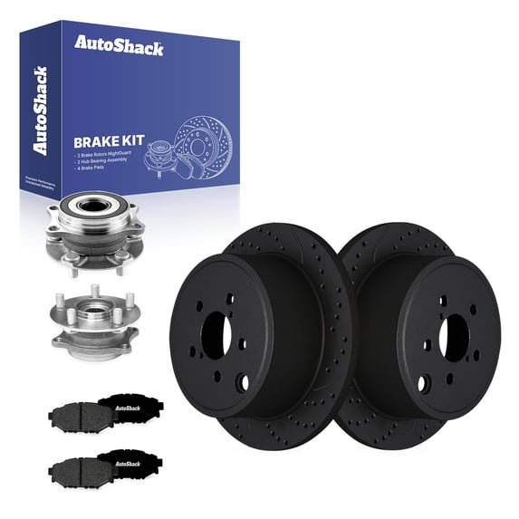 AutoShack Rear Brake Rotors, Premium Pads & Hub Bearing Assemblies for Subaru, Outback 2010-2014, AWD H4 2.5L - E-Coated Drilled & Slotted - Black Finish - NightGuard - 11.24" (285.6 mm), 5-Lug