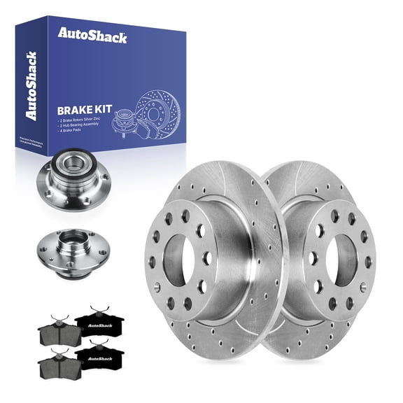 AutoShack Rear Brake Rotors, Premium Pads & Hub Bearing Assemblies for Volkswagen, Jetta 2012-2018 - Silver Zinc Coated Drilled & Slotted - SilverShield Pro - 9.96" (253 mm), 9-Lug