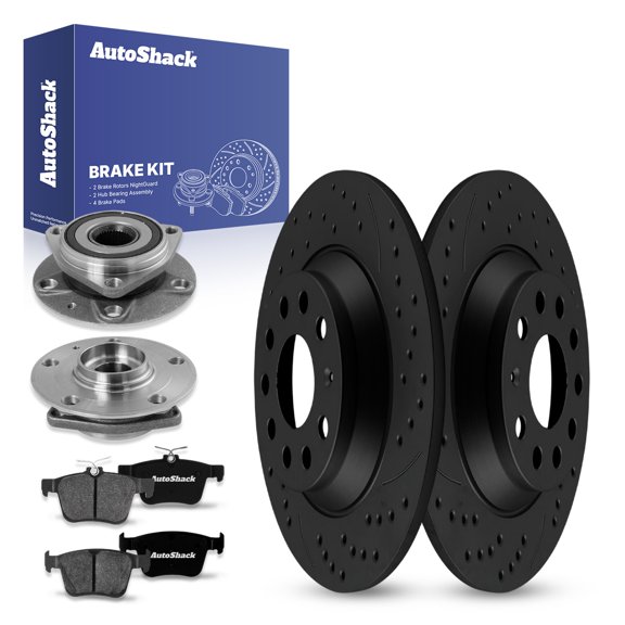 AutoShack Rear Drilled & Slotted Brake Rotors Premium Ceramic Brake Pads Wheel Bearing Hub Assembly | Replacement for VW Tiguan Arteon Audi Q3 AWD | Black E-Coated | 8-PC Brake Kit | NightGuard