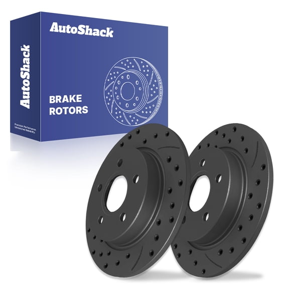 AutoShack Rear Brake Rotors for Ford, Focus 2012-2018, FWD L3 1.0L L4 2.0L - Coated Drilled & Slotted - Black Matte Finish - BlackShield - 10.66" (270.7 mm), 5-Lug