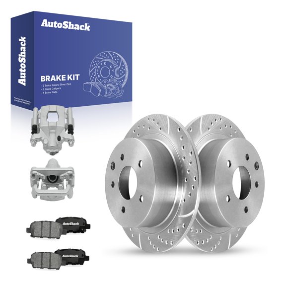 AutoShack Rear Brake Rotors, Ceramic Pads & Calipers for Nissan, Maxima 2019-2020, FWD V6 3.5L - Silver Zinc Coated Drilled & Slotted - SilverShield Pro - 12.13" (308 mm), 5-Lug