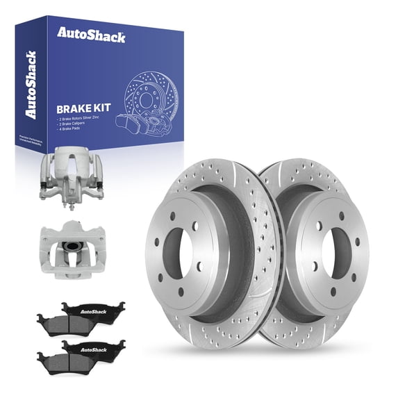 AutoShack Rear Vented Drilled & Slotted Silver Zinc Coated Brake Rotors + Ceramic Pads + Calipers 8-PC Brake Kit Replacement for 2012-2016 Ford F-150 SilverShield Pro 13.69" (347.8 mm)