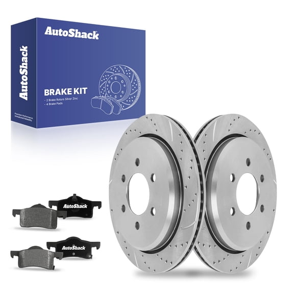 AutoShack 13.46" (341.8 mm) Rear Vented Drilled & Slotted Brake Rotors Coated + Ceramic Brake Pads | Replacement for 2003-2006 Ford Expedition | Silver Zinc Coated | 6-PC Brake Kit | SilverShield Pro