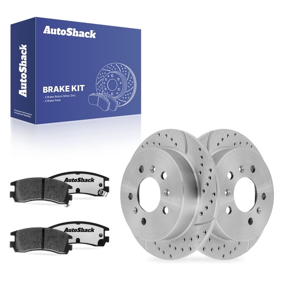 AutoShack Rear Solid Drilled & Slotted Silver Zinc Coated Brake Rotors + Ceramic Pads 6-PC Brake Kit Replacement for 2006-2010 Chevrolet Impala SilverShield Pro 10.93" (277.6 mm)
