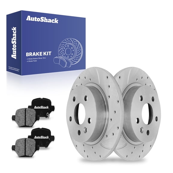 AutoShack 10.55" (267.9 mm) Rear Solid Drilled & Slotted Brake Rotors Coated + Ceramic Brake Pads | Replacement for 2018-2022 Chevrolet Trax | Silver Zinc Coated | 6-PC Brake Kit | SilverShield Pro
