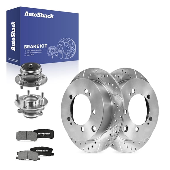 AutoShack Rear Brake Rotors, Ceramic Pads & Hub Bearing Assemblies for Mitsubishi, Outlander 2013 - Silver Zinc Coated Drilled & Slotted - SilverShield Pro - 11.89" (302 mm), 5-Lug