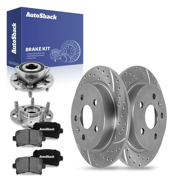 AutoShack Rear Solid Drilled & Slotted Silver Zinc Coated Brake Rotors + Ceramic Pads + Hub Bearing Assembly 8-PC Brake Kit Replacement for 2013-2015 Chevrolet Malibu SilverShield Pro 11.5" (292 mm)