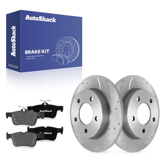 AutoShack Rear Solid Drilled & Slotted Silver Zinc Coated Brake Rotors + Premium Ceramic Pads 6-PC Brake Kit Replacement for 2005-2012 Mazda 3 2009-2010 Mazda 3 Sport SilverShield Pro 10.43" (265 mm)