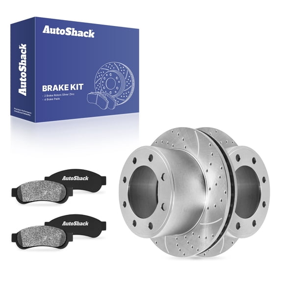AutoShack Rear Brake Rotors & Premium Pads for Ford, F-250 Super Duty 2008-2012 - Silver Zinc Coated Drilled & Slotted - SilverShield Pro - 13.39" (340 mm), 8-Lug