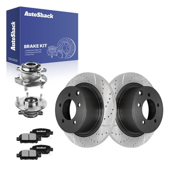 AutoShack Rear Brake Rotors, Ceramic Pads & Hub Bearing Assemblies for Mitsubishi, Lancer 2014-2015, 2017, AWD L4 2.4L - E-Coated Drilled & Slotted - ShadowGuard - 11.89" (302 mm), 5-Lug