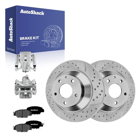 AutoShack Rear Brake Rotors, Premium Pads & Calipers for Mazda, CX-5 2016-2025, AWD FWD L4 2.0L 2.2L 2.5L - Silver Zinc Coated Drilled & Slotted - SilverShield Pro - 11.91" (302.5 mm), 5-Lug