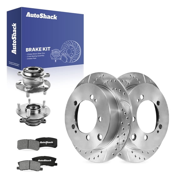 AutoShack Rear Brake Rotors, Ceramic Pads & Hub Bearing Assemblies for Mitsubishi, Outlander 2007-2013 - Silver Zinc Coated Drilled & Slotted - SilverShield Pro - 11.89" (302 mm), 5-Lug