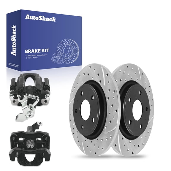 AutoShack Rear Solid Drilled & Slotted E-Coated Brake Rotors + Calipers Black 4-PC Brake Kit Replacement for 2012 Ram C/V ShadowGuard 12.91" (328 mm)