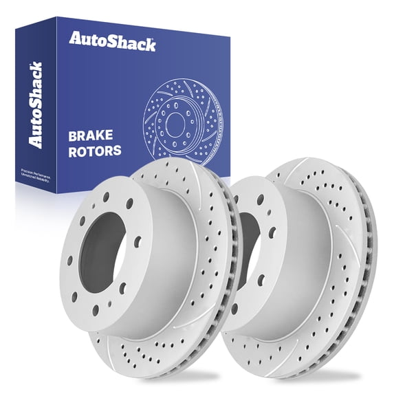 AutoShack Rear Brake Rotors for Chevrolet, Silverado 2500 HD 2011-2025, 4WD RWD V8 6.0L 6.6L - Coated Drilled & Slotted - Silver Matte Finish - TurboGuard - 14.17" (359.8 mm), 8-Lug