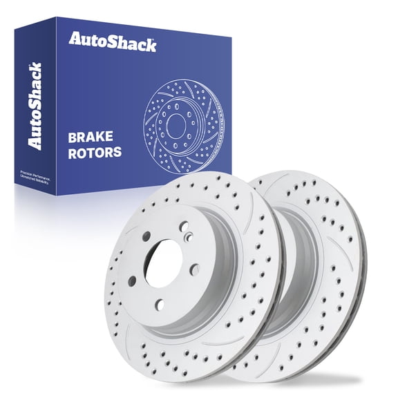 AutoShack Rear Brake Rotors for Mercedes-Benz, E350 2006-2016 GLK350 2010-2015, AWD RWD V6 3.0L 3.5L - Coated Drilled & Slotted - Silver Matte Finish - TurboGuard - 11.81" (299.9 mm), 5-Lug