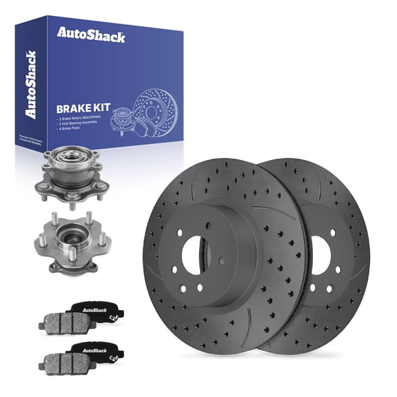 AutoShack Rear Brake Rotors, Ceramic Pads & Hub Bearing Assemblies for Nissan, Rogue Select 2014-2015 - Coated Drilled & Slotted - Black Matte Finish - BlackShield - 11.49" (291.8 mm), 5-Lug