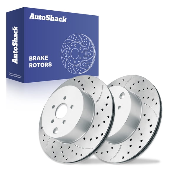 AutoShack Rear Brake Rotors for Nissan, Maxima 2009-2014, 2016-2023, FWD V6 3.5L - Coated Drilled & Slotted - Silver Matte Finish - TurboGuard - 12.11" (307.7 mm), 5-Lug