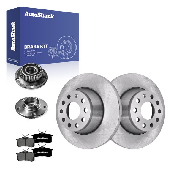 AutoShack Rear Brake Rotors, Premium Pads & Hub Bearing Assemblies for Volkswagen, Jetta City 2007-2009, FWD L4 2.0L - 11.09" (281.8 mm), 9-Lug