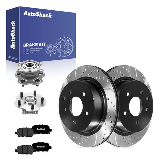 AutoShack Rear Brake Rotors, Premium Pads & Hub Bearing Assemblies for Nissan, Rogue 2008-2013, AWD L4 2.5L - E-Coated Drilled & Slotted - ShadowGuard - 11.49" (291.8 mm), 5-Lug