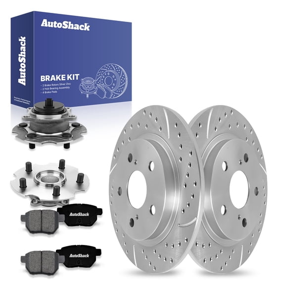 AutoShack Rear Drilled & Slotted Brake Rotors Premium Ceramic Brake Pads Wheel Bearing Hub Assembly | Replacement for 2016 Scion iM | Silver Zinc Coated | 8-PC Brake Kit | SilverShield Pro