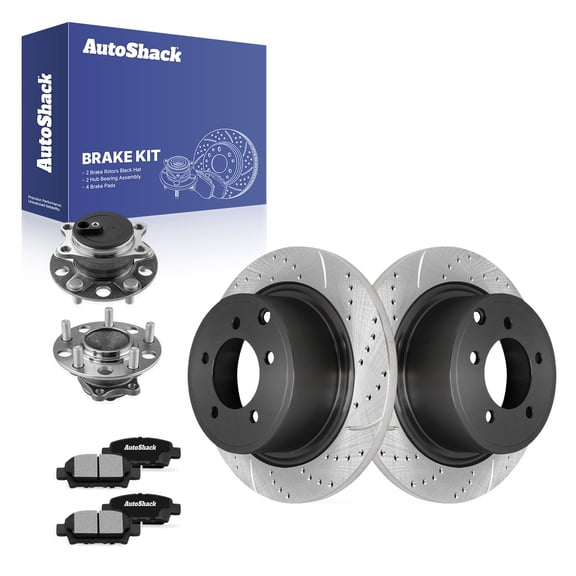 AutoShack Rear Brake Rotors, Ceramic Pads & Hub Bearing Assemblies for Mitsubishi, Lancer 2011, 2014-2017, FWD L4 2.4L - E-Coated Drilled & Slotted - ShadowGuard - 11.89" (302 mm), 5-Lug