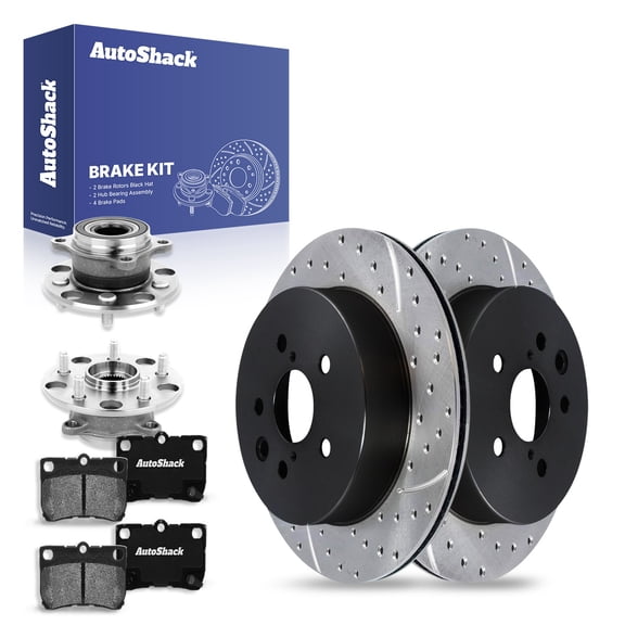 AutoShack Rear Drilled & Slotted Brake Rotors Ceramic Brake Pads Wheel Bearing Hub Assembly | Replacement for Lexus IS250 GS350 IS350 GS450h GS460 GS430 | E-Coated | 8-PC Brake Kit | ShadowGuard