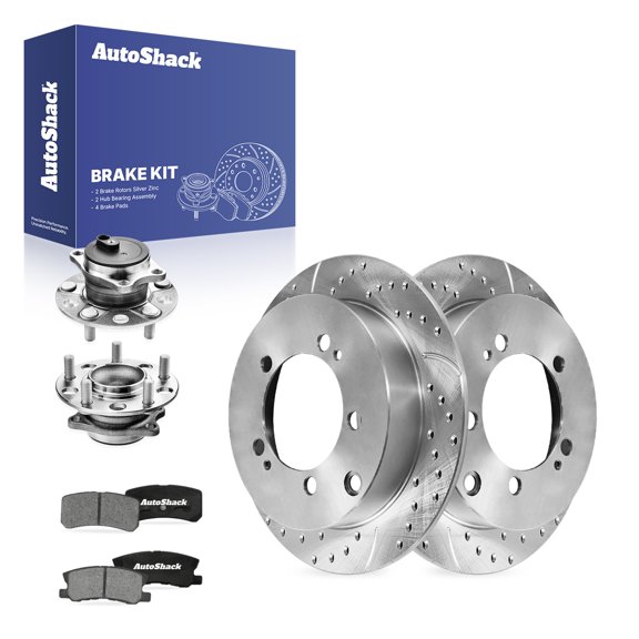 AutoShack Rear Solid Drilled Slotted Silver Zinc Coated Brake Rotor + Ceramic Pad + Hub Bearing Assembly 8-PC Brake Kit Replacement for 2011-2012 Mitsubishi Outlander SilverShield Pro 11.89" (302 mm)