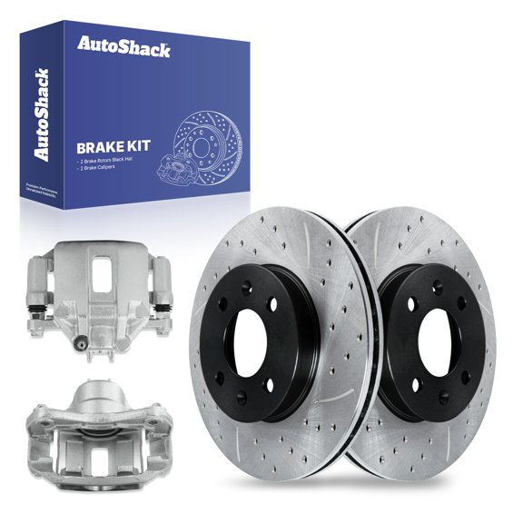 AutoShack Front Drilled & Slotted Brake Rotors Calipers | Replacement for 2006-2011 Hyundai Accent 2006-2011 Kia Rio5 1.6L FWD | E-Coated | 4-PC Brake Kit | ShadowGuard