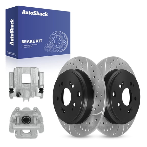 AutoShack 13.13" (333.5 mm) Rear Solid Drilled & Slotted Brake Rotors E-Coated + Calipers | Replacement for 2007-2013 Acura MDX 2010-2013 Acura ZDX | 4-PC Brake Kit | ShadowGuard