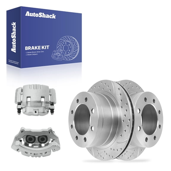 AutoShack Rear Brake Rotors & Calipers for Dodge, Ram 2500 2003-2008, 4WD RWD L6 5.9L 6.7L V8 5.7L V10 8.0L - Silver Zinc Coated Drilled & Slotted - SilverShield Pro - 13.86" (352 mm), 8-Lug