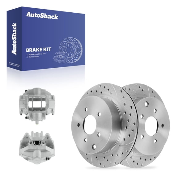 AutoShack Rear Brake Rotors & Calipers for INFINITI, Q70 2015-2018 Q60 2014, AWD RWD V6 3.7L V8 5.6L - Silver Zinc Coated Drilled & Slotted - SilverShield Pro - 12.13" (308 mm), 5-Lug
