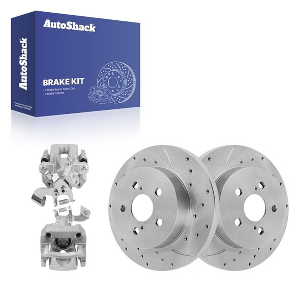 AutoShack Rear Brake Rotors & Calipers for Toyota, Prius 2016-2022 Prius Prime 2017-2022, FWD L4 1.8L - Silver Zinc Coated Drilled & Slotted - SilverShield Pro - 10.2" (259 mm), 5-Lug