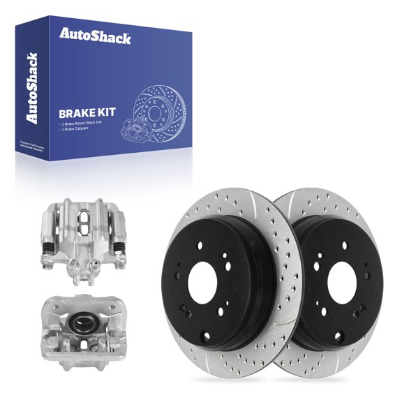 AutoShack Rear Solid Drilled & Slotted E-Coated Brake Rotors + Calipers 4-PC Brake Kit Replacement for 2005-2006 Honda CR-V ShadowGuard 11.99" (304.6 mm)