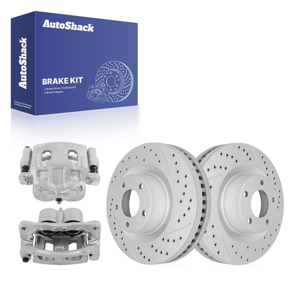 AutoShack Front Vented Drilled & Slotted Coated Brake Rotors Silver Matte Finish + Calipers 4-PC Brake Kit Replacement for 2007-2010 Ford Edge 2007-2010 Lincoln MKX TurboGuard 12.6" (320 mm)