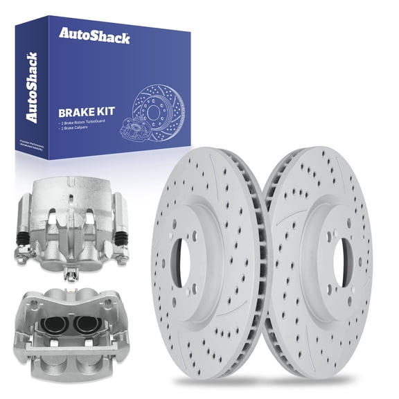 AutoShack 12.99" (330 mm) Front Vented Drilled & Slotted Brake Rotors Coated + Calipers | Replacement for 2007-2013 Acura MDX 2010-2013 Acura ZDX | Silver Matte Finish | 4-PC Brake Kit | TurboGuard