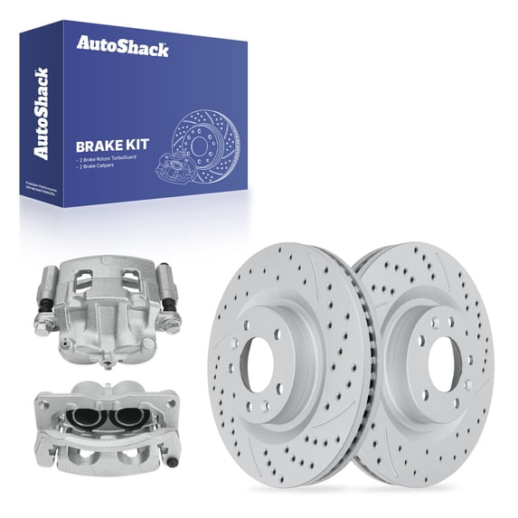 AutoShack Front Brake Rotors & Calipers for Mazda, CX-9 2007-2015, AWD FWD V6 3.5L 3.7L - Coated Drilled & Slotted - Silver Matte Finish - TurboGuard - 12.59" (319.8 mm), 5-Lug