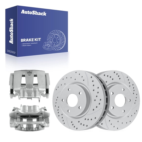 AutoShack Front Brake Rotors & Calipers for Dodge, Grand Caravan 2012-2020, FWD V6 3.6L - Coated Drilled & Slotted - Silver Matte Finish - TurboGuard - 13.03" (331 mm), 5-Lug