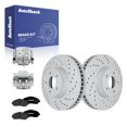 thumbnail image 1 of AutoShack Front Vented Drilled & Slotted Coated Brake Rotors Silver Matte Finish + Premium Ceramic Pads + Calipers 8-PC Brake Kit Replacement for 2009-2015 Honda Pilot TurboGuard 12.99" (330 mm), 1 of 5