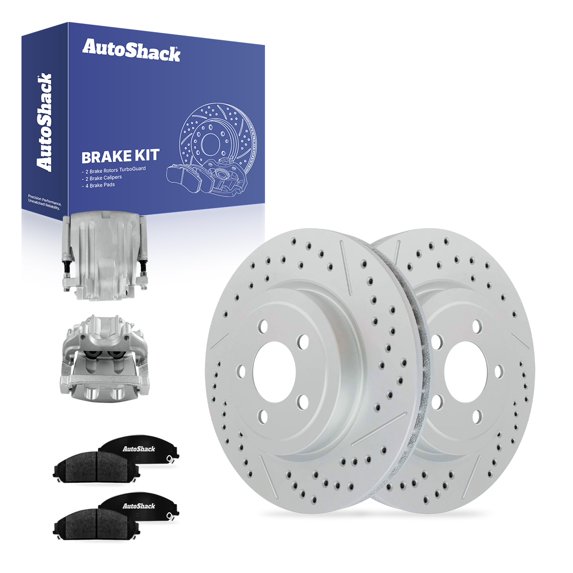 AutoShack Front Vented Drilled & Slotted Coated Brake Rotors Silver Matte Finish + Ceramic Pads + Calipers 8-PC Brake Kit Replacement for 2012-2021 Dodge Charger TurboGuard 13.57" (344.8 mm)