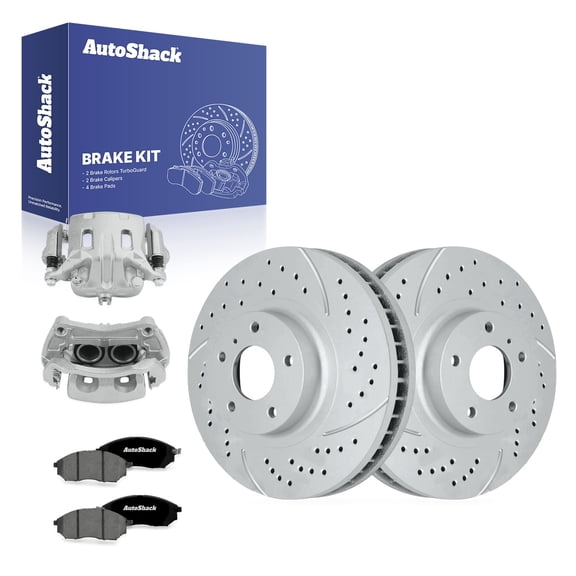 AutoShack Front Brake Rotors, Premium Pads & Calipers for INFINITI, G37 2009-2013, AWD RWD V6 3.7L - Coated Drilled & Slotted - Silver Matte Finish - TurboGuard - 12.57" (319.3 mm), 5-Lug